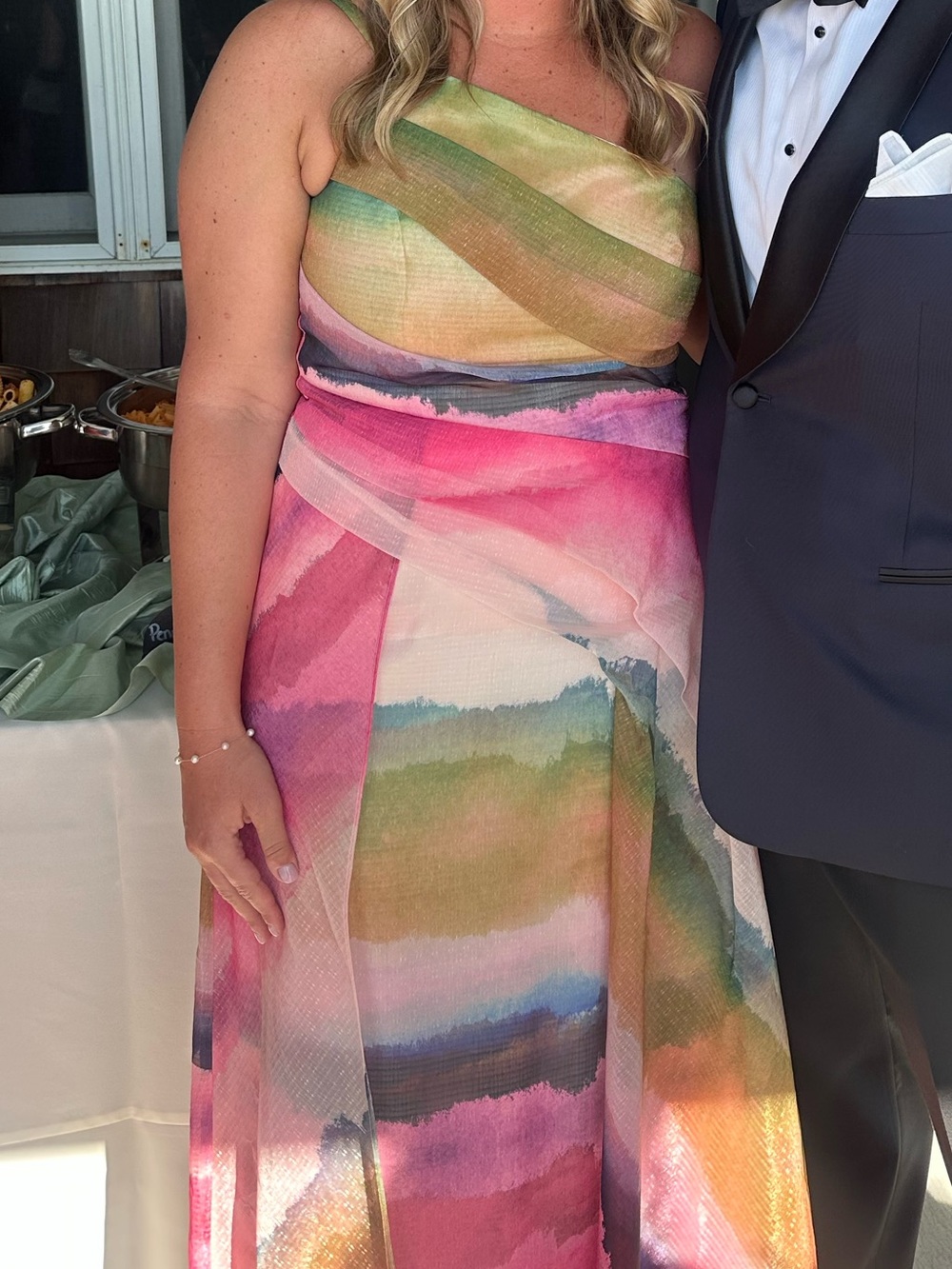 Kay Unger Norman’s One-Shoulder Watercolor Stripe Gown Pink Multicolor size 10 - Picture 2 of 3